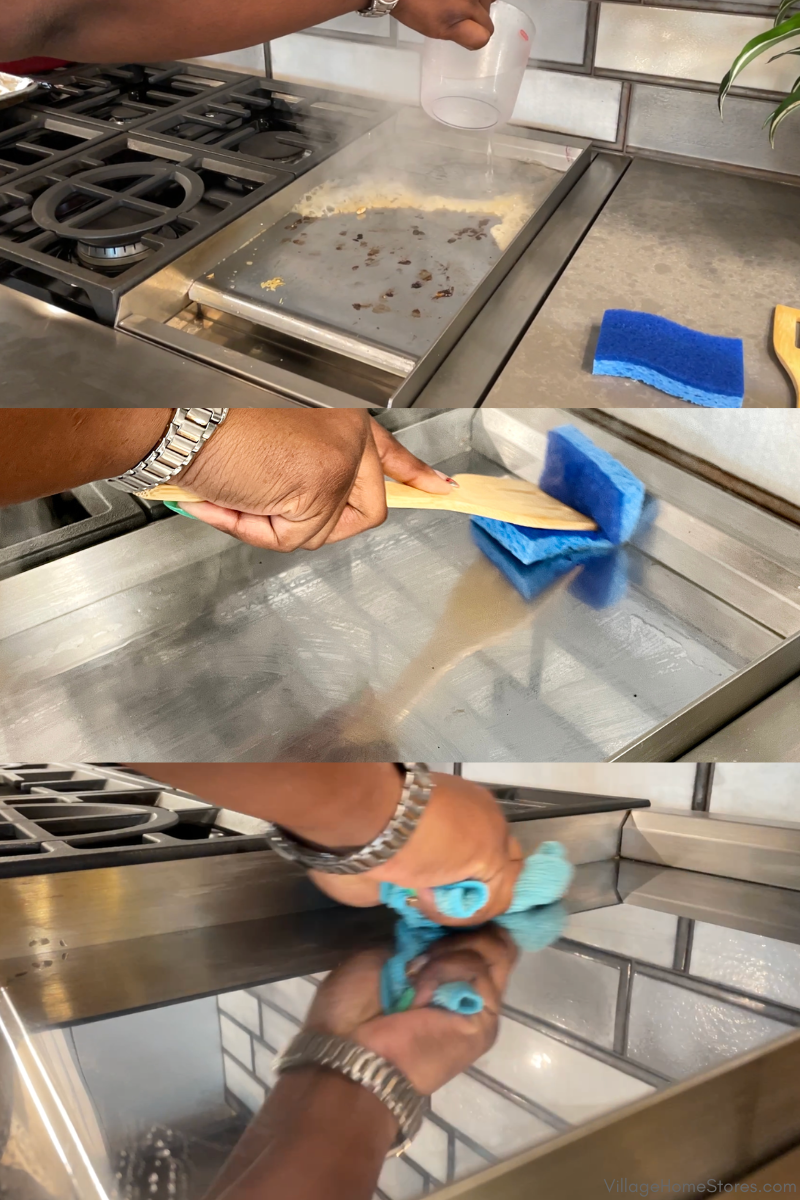 infographic of how to clean chrome cooktop griddle with water and blue sponges